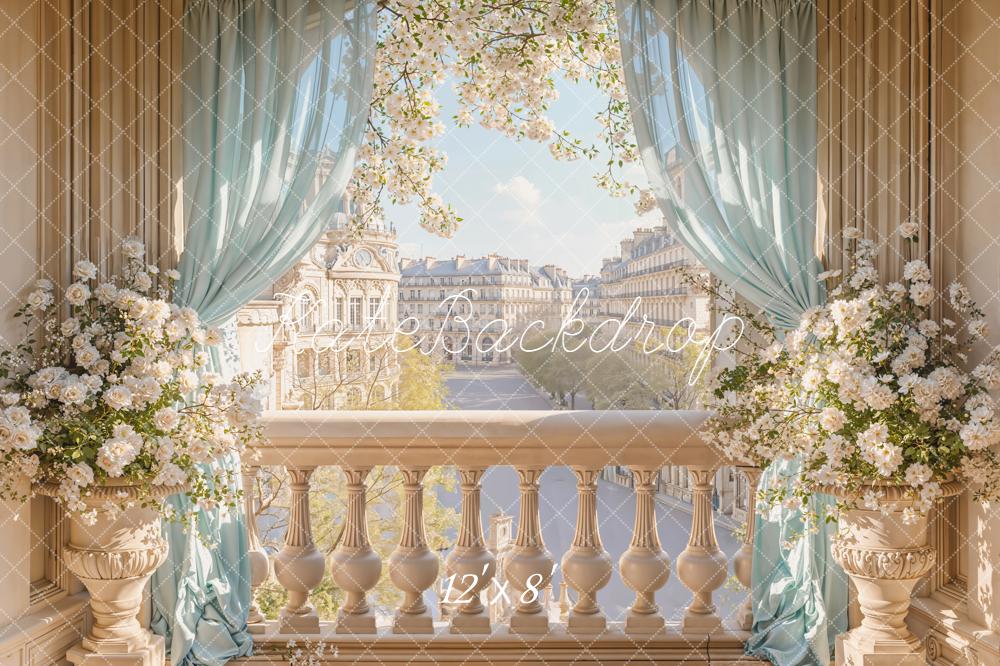 Kate Spring Elegant Balcony Blossoms Blue Curtains City View Backdrop Designed by Emetselch