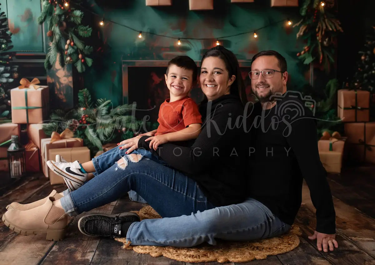 Kate Christmas Green Wall Brown Gifts Fireplace Backdrop Designed by Patty Robert