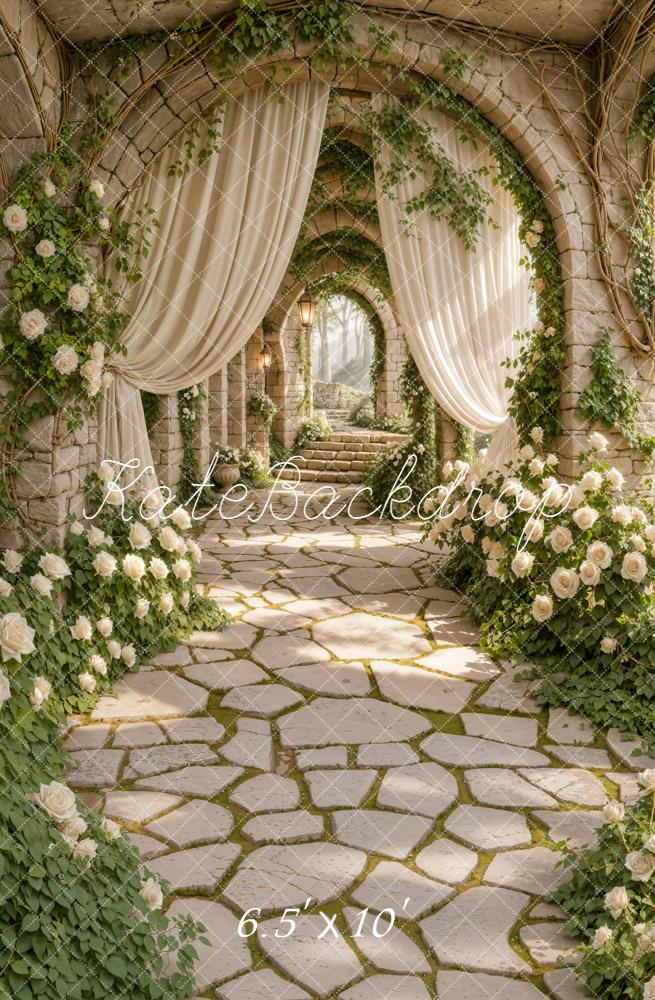 Kate Spring Stone Archway White Roses Cascading Stairs Printed Backdrop Designed by Emetselch