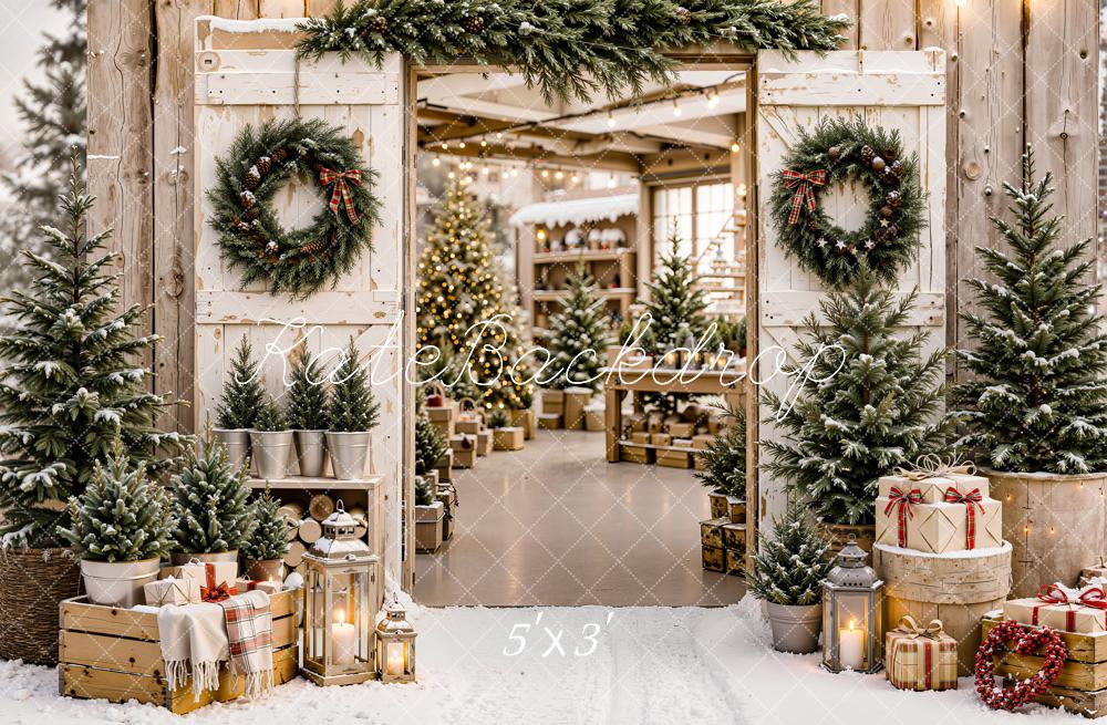 Kate Christmas Rustic Wood Cabin Door Evergreen Wreath Gifts Trees Printed Backdrop Designed by Emetselch