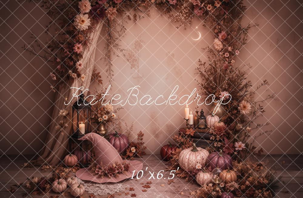 Kate Halloween Pumpkin Floral Arch Witch Hat Printed Backdrop Designed by Jordan Moon