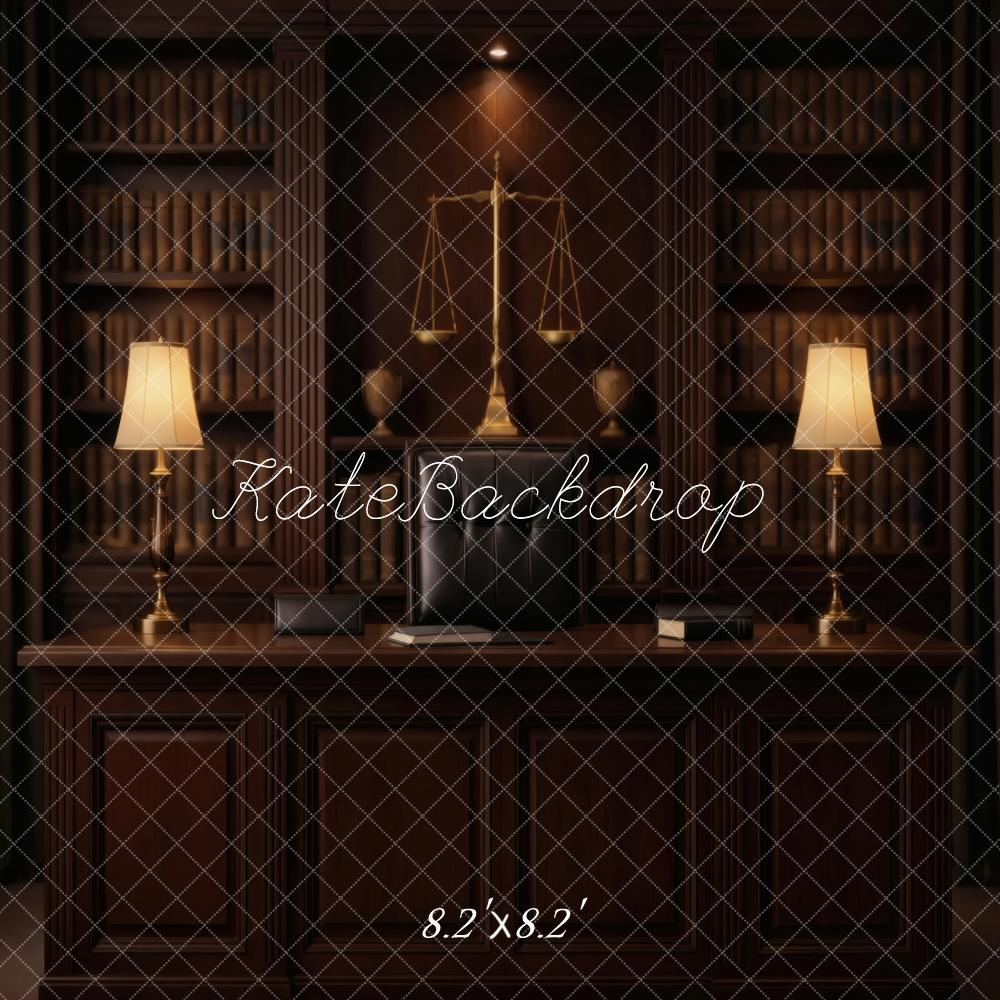 Kate Bookshelves Desk Scales of Justice Lamps Printed Backdrop Designed by Vertigo Productions