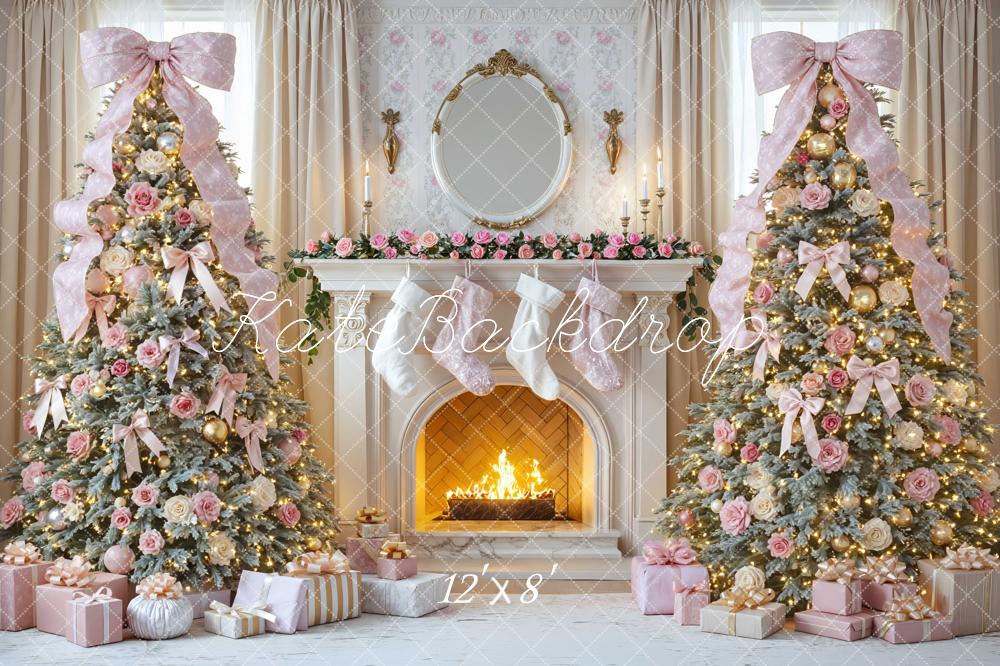 Kate Christmas Fireplace Pretty Pink Bow Trees Gifts Printed Backdrop Designed by Mini MakeBelieve