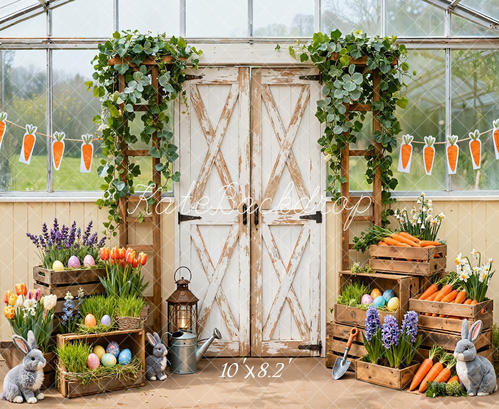 Kate Easter Bunny Carrot Greenhouse Rustic Wood Door Backdrop Designed by Emetselch