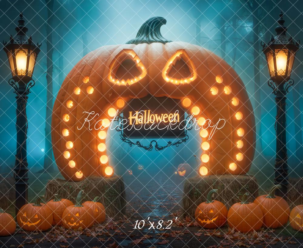 Kate Halloween Giant Pumpkin Archway Lanterns Forest Backdrop Designed by Chain Photography
