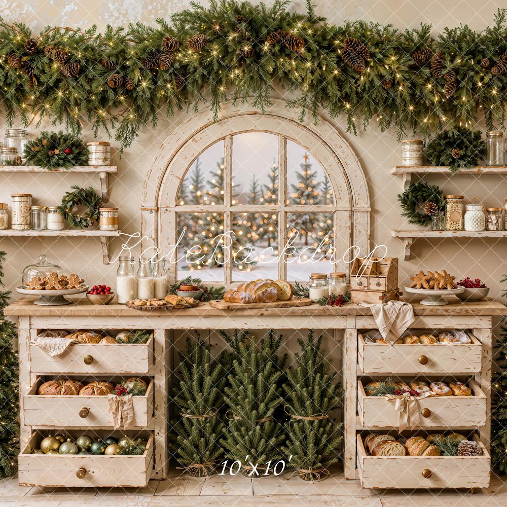 Kate Christmas Rustic Kitchen Bakery Garland Arched Window Printed Backdrop Designed by Emetselch
