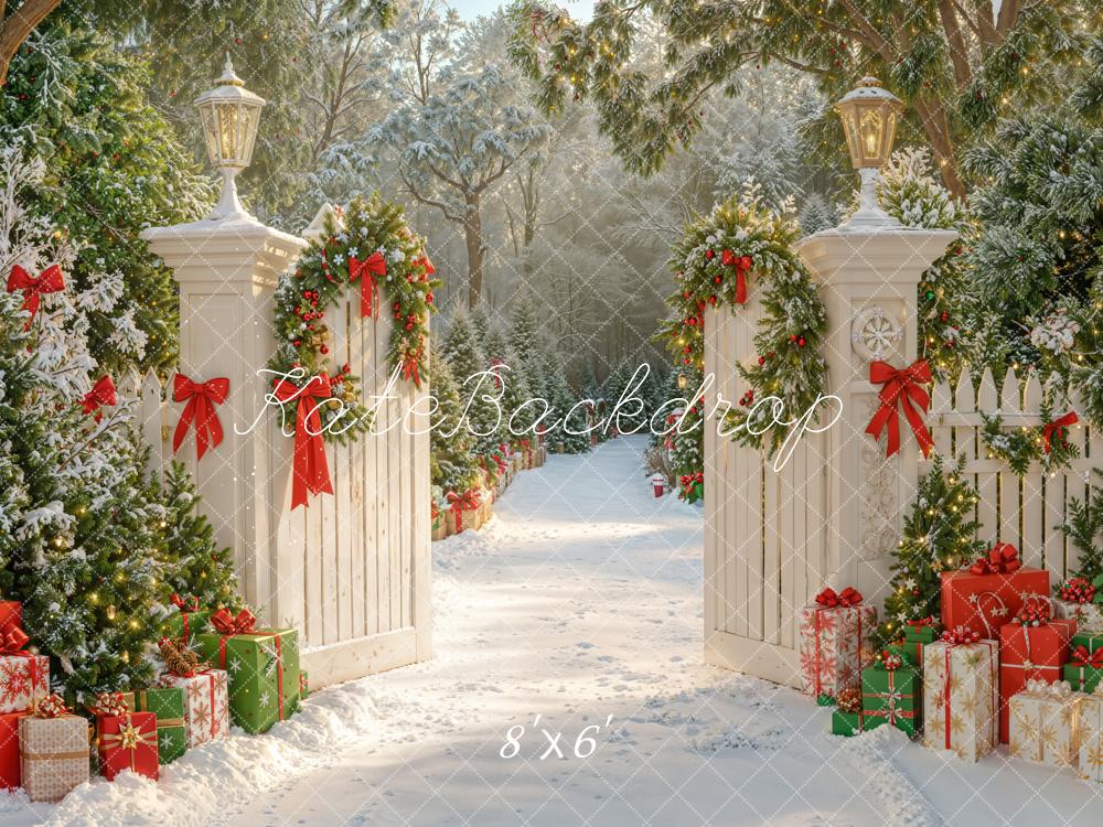 Kate Christmas Snowy Gate Garden Path Bow Backdrop Designed by Emetselch