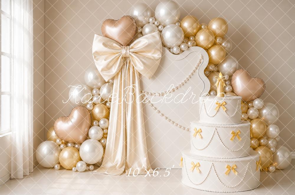 Kate Birthday Cake Smash Pearls Bows Gold Heart Balloons Printed Backdrop Designed by Shutter Swan Studios