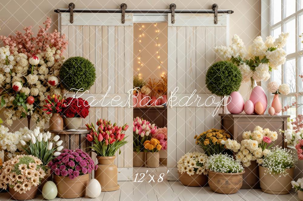 Kate Easter Flowers Pink Eggs Barn Door Printed Backdrop Designed by Mini MakeBelieve