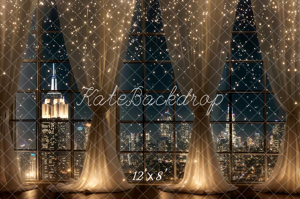Kate New Year City Night Skyline Window Curtains String Lights Backdrop Designed by Chain Photography