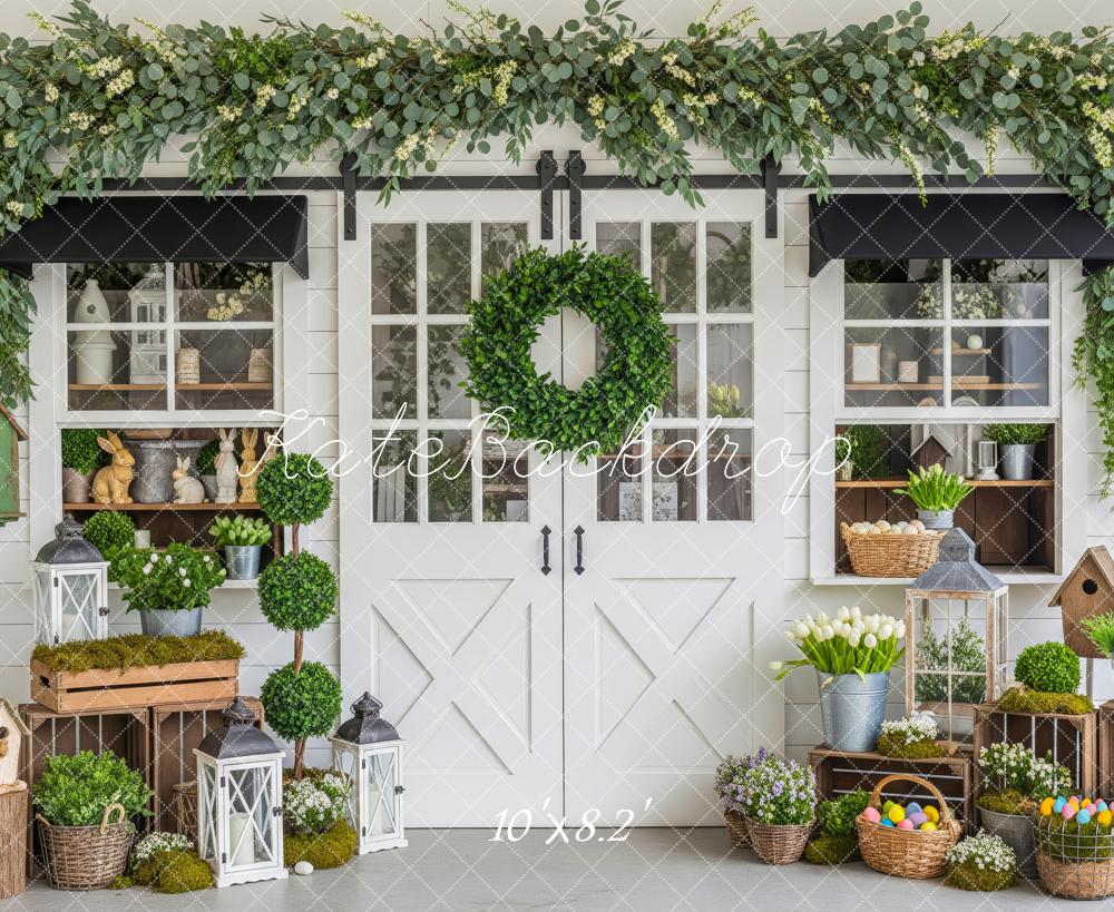 Kate Easter Greenery Wreath Door Birdhouse Crates Backdrop Designed by Patty Roberts