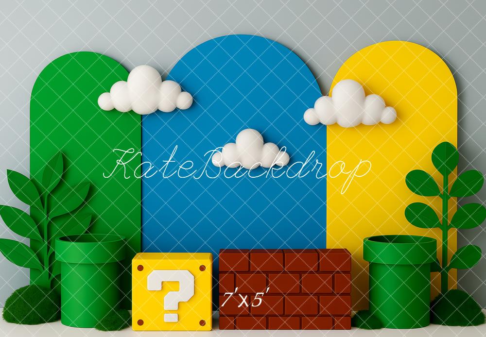 Kate Birthday Game Clouds Green Pipes Block Brick Backdrop Designed by Patty Roberts