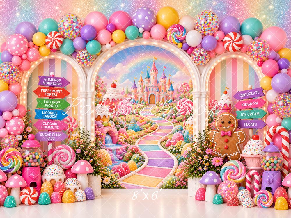 Kate Cake Smash Fantasy Candy Castle Lollipop Gingerbread Balloon Arch Printed Backdrop Designed by Ashley Paul