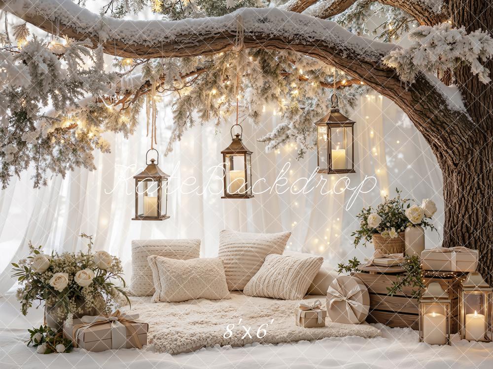 Kate Christmas Branch Arch Snowy Tree Lanterns Pillows Gifts Printed Backdrop Designed by Emetselch