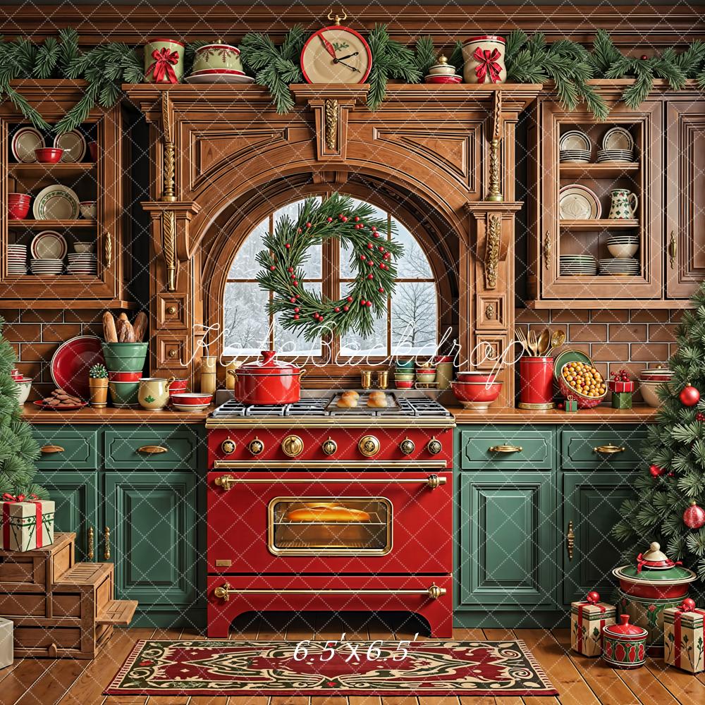 Kate Christmas Kitchen Cabinets Red Oven Wreath Trees Backdrop Designed by Emetselch