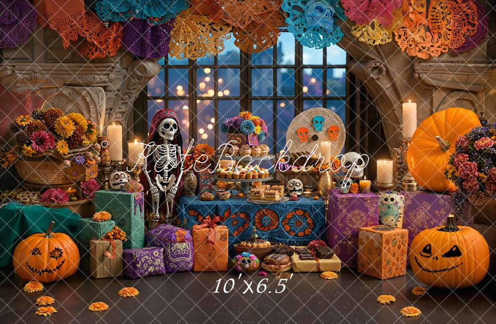Kate Halloween Day Of The Dead Skeleton Colorful Pumpkins Floral Backdrop Designed by Emetselch