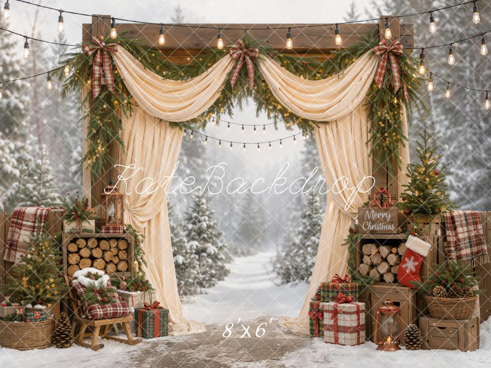Kate Christmas Outdoor Cream Curtains Arch Pine Trees Plaid Gifts Wood Printed Backdrop Designed by Emetselch