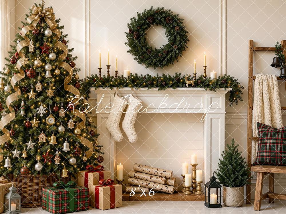 Kate Christmas Tree Fireplace Mantel Wreath Plaid Ladder Printed Backdrop Designed by Shutter Swan Studios