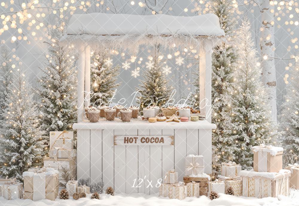 Kate Christmas Winter Hot Cocoa Stand Snowy Trees Gifts Backdrop Designed by Emetselch