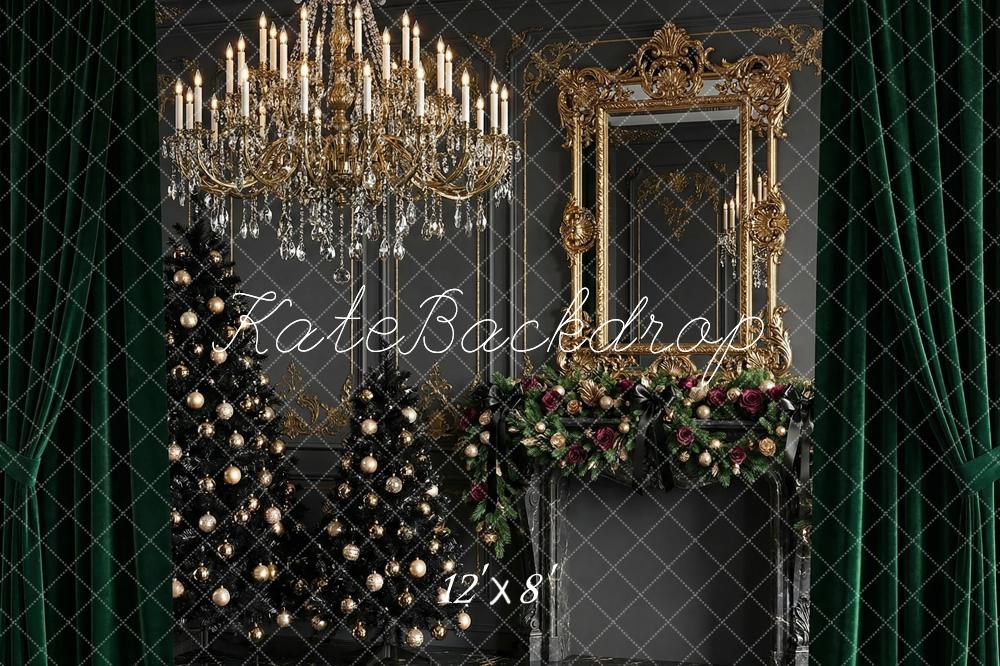 Kate Christmas Trees Luxury Gold Chandelier Garland Mirror Green Curtains Printed Backdrop Designed by Happy Squirrel Design