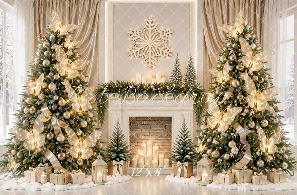 Kate Christmas Trees Butterfly Lights Fireplace Snowflake Printed Backdrop Designed by Emetselch