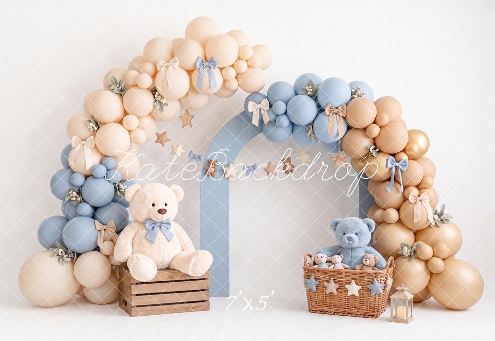 Kate Cake Smash Teddy Bear Balloon Arch Bow Printed Backdrop Designed by Angela Miller