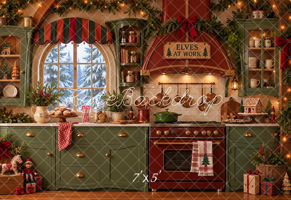 Kate Christmas Kitchen Crooked Elf Workshop Green Red Printed Backdrop Designed by Shutter Swan Studios