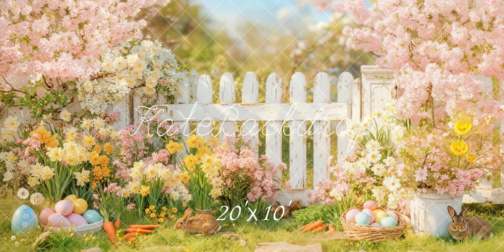 Kate Easter Spring Bunny Pink Blossoms White Fence Flowers Backdrop Designed by Emetselch
