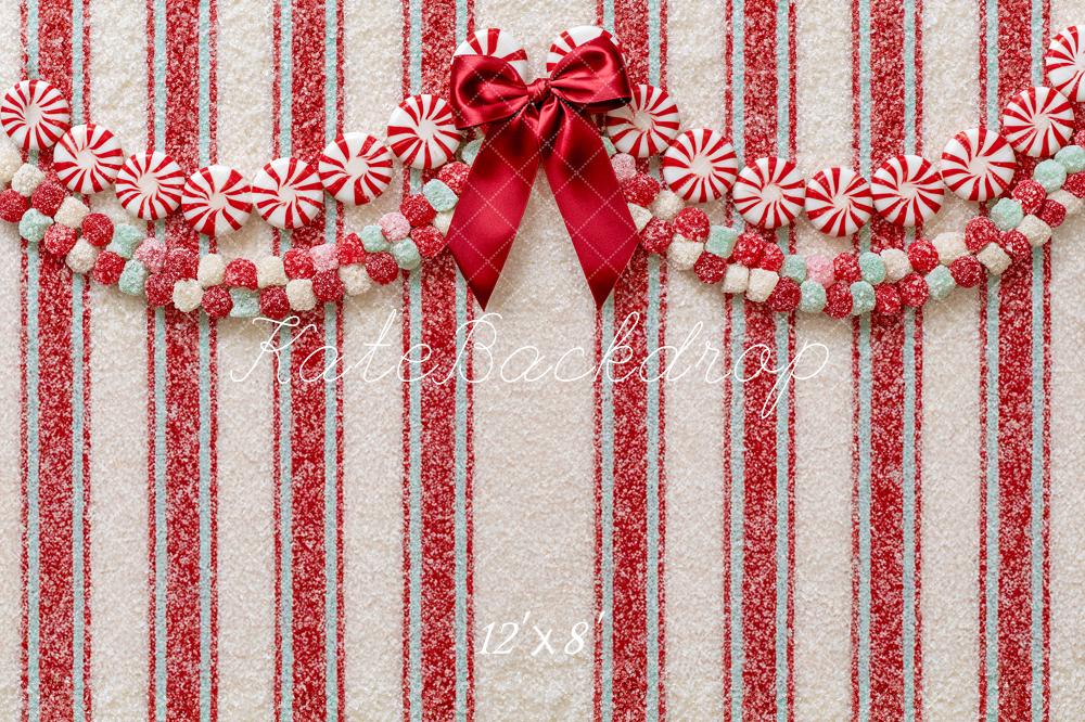 Kate Christmas Peppermint Candy Bow Stripes Printed Backdrop Designed by Angela Miller