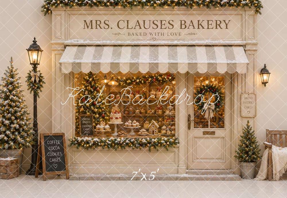 Kate Christmas Beige Bakery Storefront Printed Backdrop Designed by Caitlin Lynch