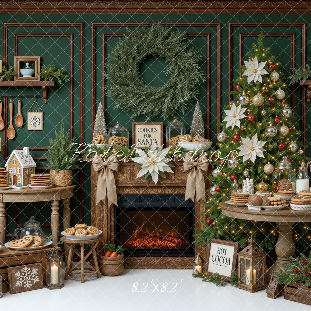 Kate Christmas Fireplace Tree Cookie Wreath Dessert Table Green Printed Backdrop Designed by Mini MakeBelieve