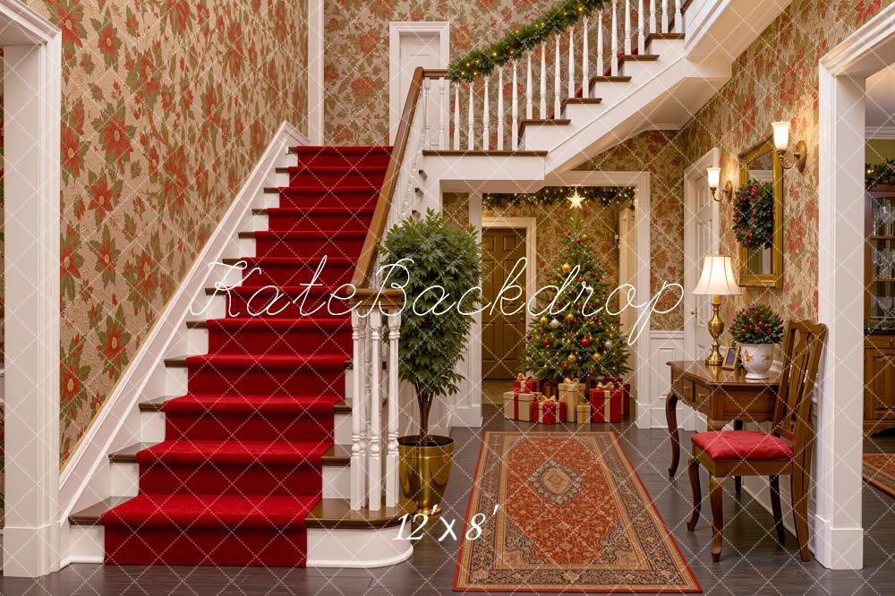 Kate Christmas Staircase Vintage Red Christmas Tree Printed Backdrop Designed by Shutter Swan Studios