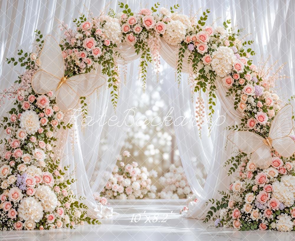 Kate Spring Flower Arch Butterfly White Sheer Drapes Printed Backdrop Designed by Emetselch