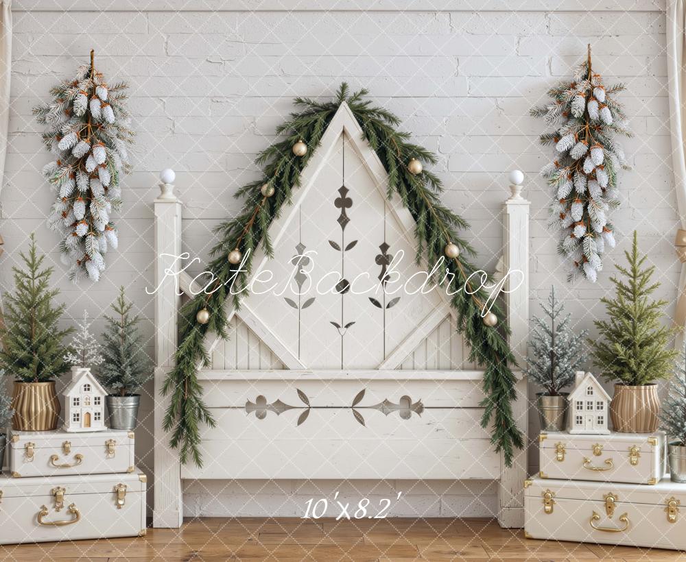 Kate Christmas Triangle Headboard Garland Frosted Trees Rustic White Printed Backdrop Designed by Mini MakeBelieve