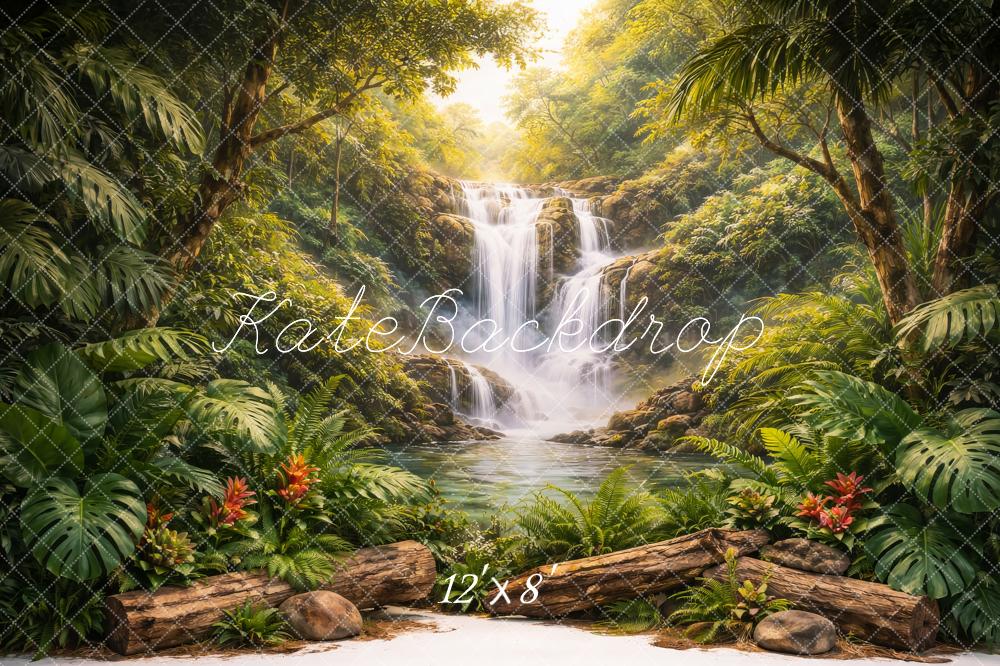 Kate Jungle Waterfall Logs Tropical Plants Printed Backdrop Designed by Megan Leigh Photography