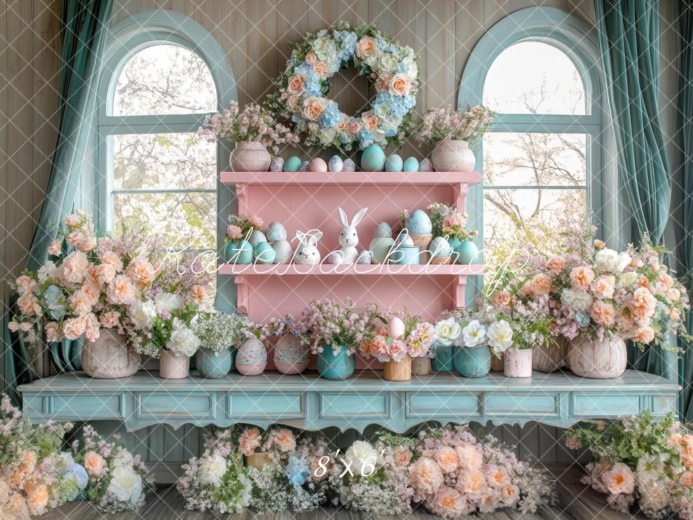 Easter Interior Bunny Floral Blue Foto Achtergrond Designed by Mini MakeBelieve