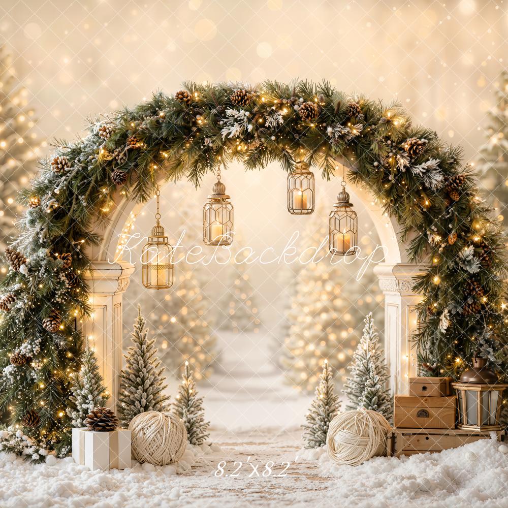 Kate Christmas Garland Arch Lanterns Snowy Trees Printed Backdrop Designed by Emetselch