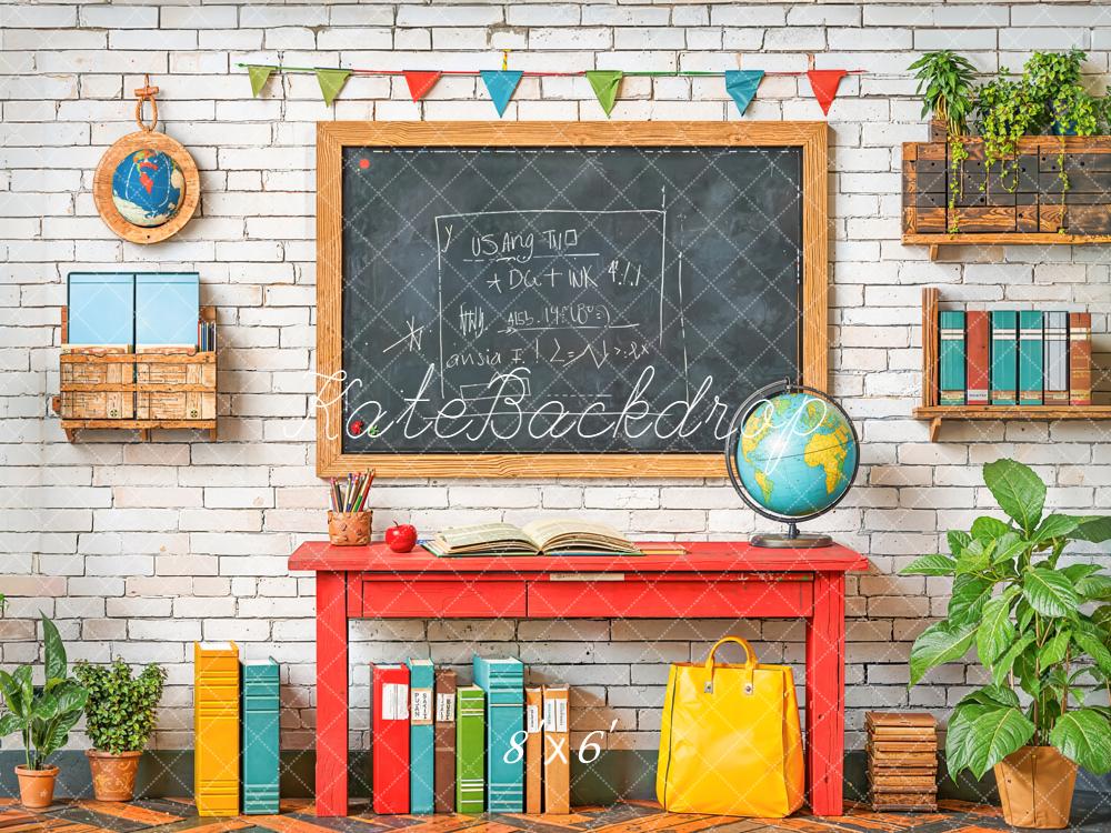 Kate Back To School Blackboard Red Desk Books Globe Backdrop Designed by Emetselch