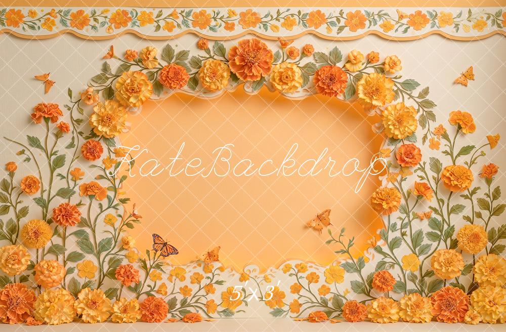 Kate Spring Marigold Wall Orange Flower Arch Butterflies Printed Backdrop Designed by Angela Miller