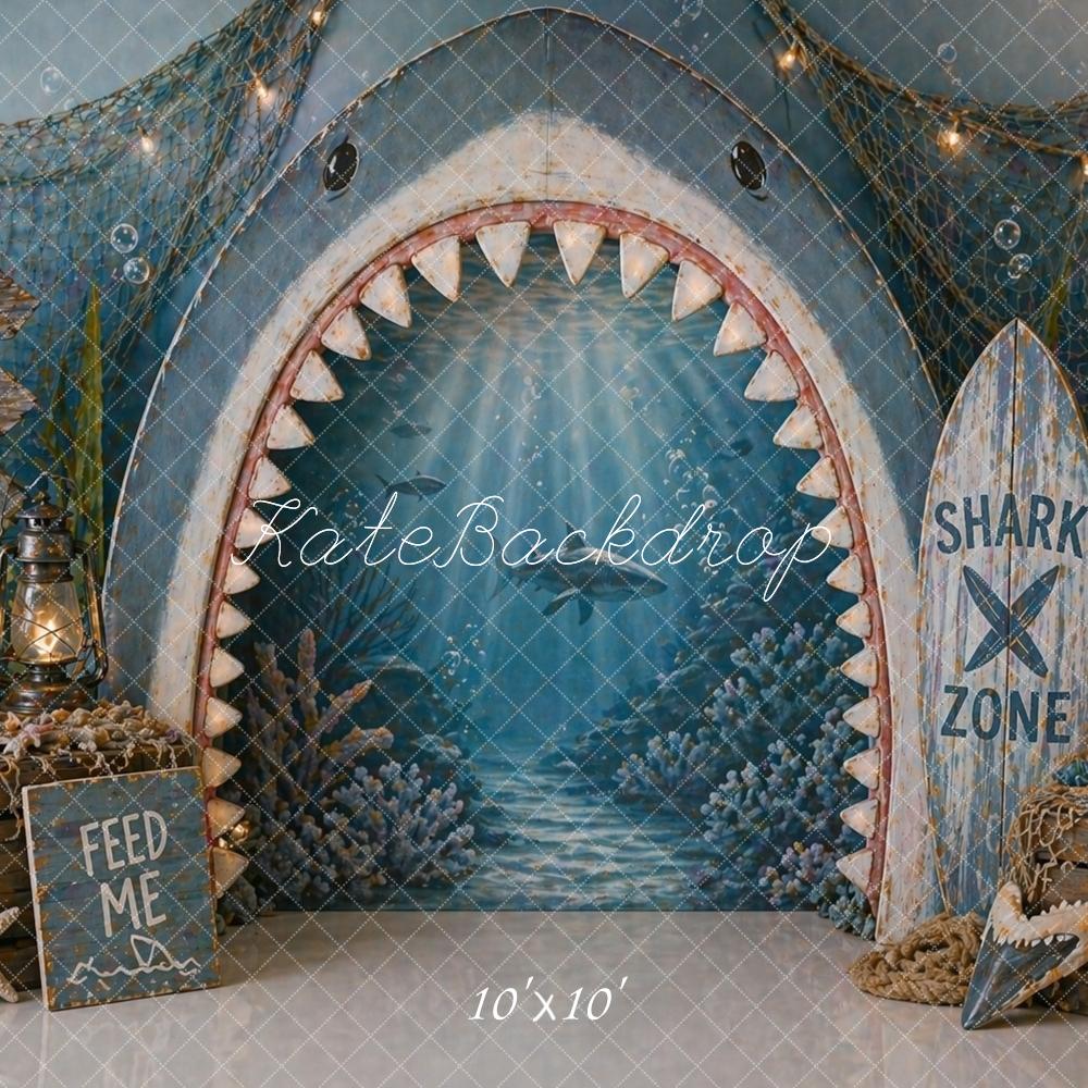 Kate Nautical Shark Mouth Ocean Surfboard Blue Printed Backdrop Designed by Caitlin Lynch