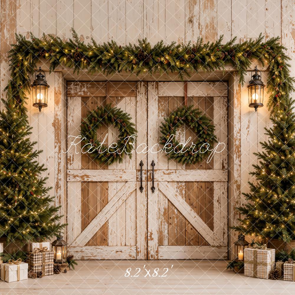 Kate Christmas Barn Doors Vintage Evergreen Trees Garland Printed Backdrop Designed by Emetselch