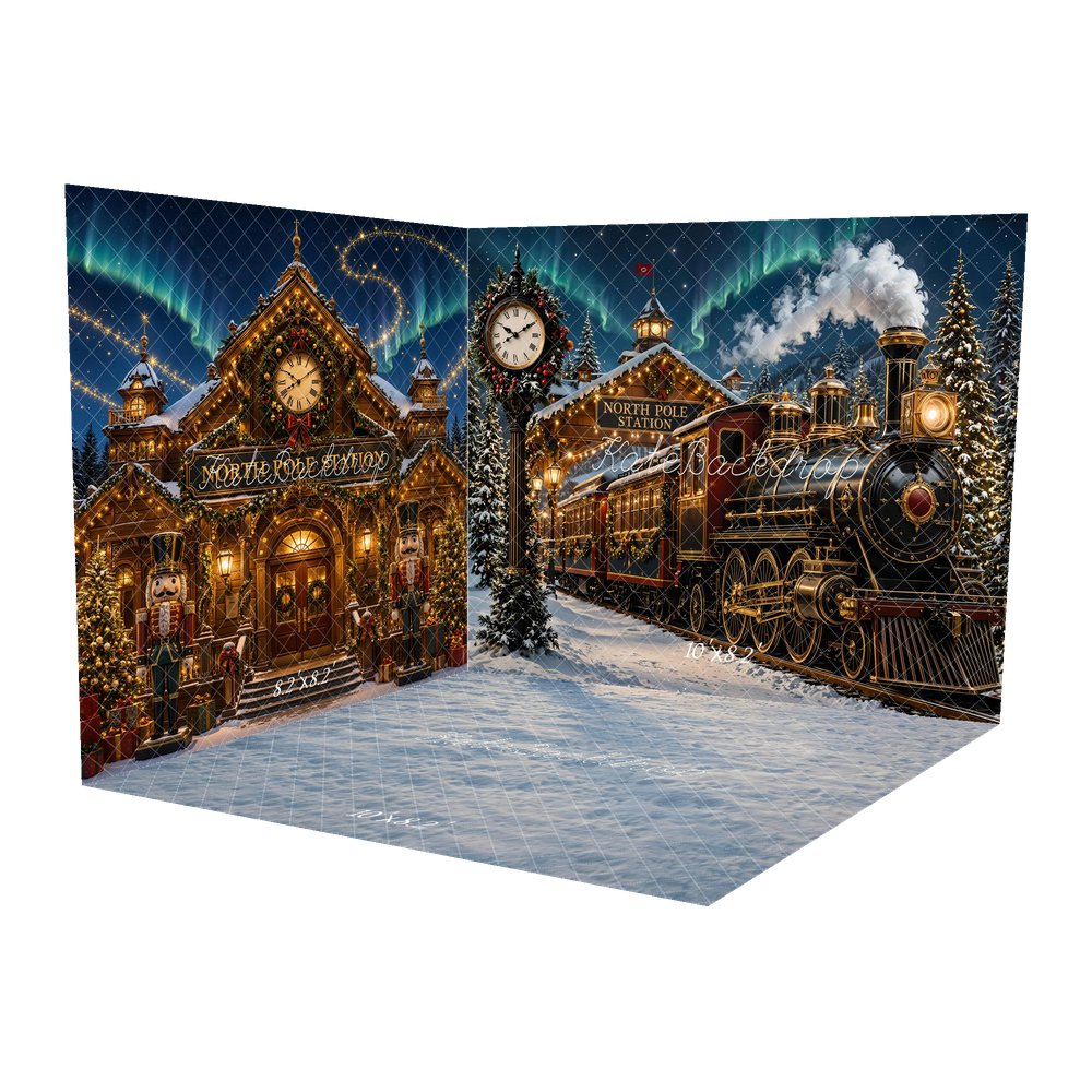 Kate Christmas Polar Train North Pole Station Snowy Trees Printed Backdrop Room Set