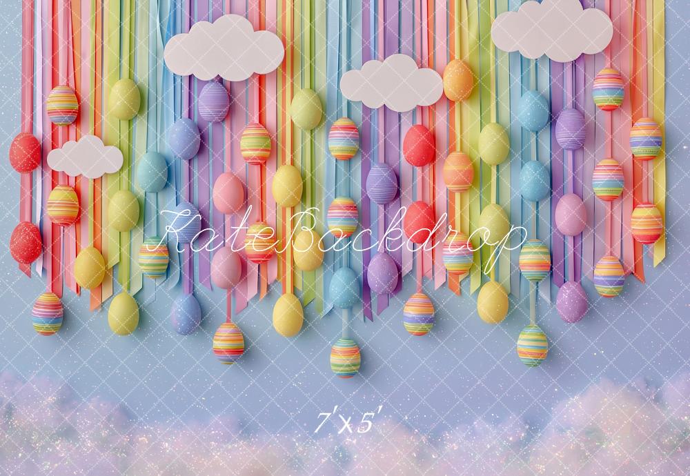 Kate Easter Kids Hanging Eggs Rainbow Clouds Printed Backdrop Designed by Angela Miller
