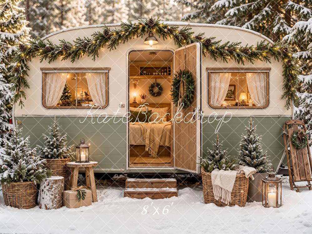 Kate Christmas Camper Rustic Snowy Trees Basket Forest Printed Backdrop Designed by Emetselch