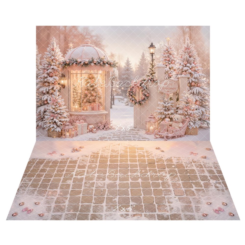 Kate Christmas Pink Gazebo Snowy Christmas Trees Gifts Sleigh Printed Backdrop+Snowy Pink Tile Floor Printed Backdrop