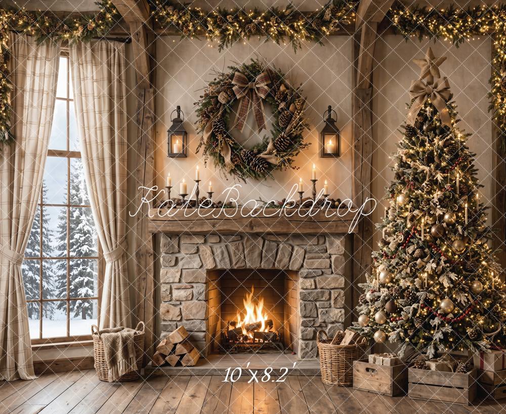Kate Christmas Rustic Stone Fireplace Tree Window Printed Backdrop Designed by Emetselch