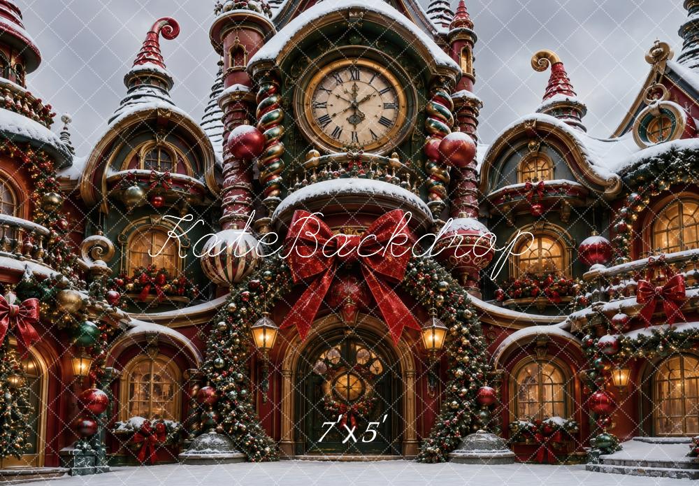 Kate Christmas Whimsical Clock Manor Snow Printed Backdrop Designed by Vertigo Productions