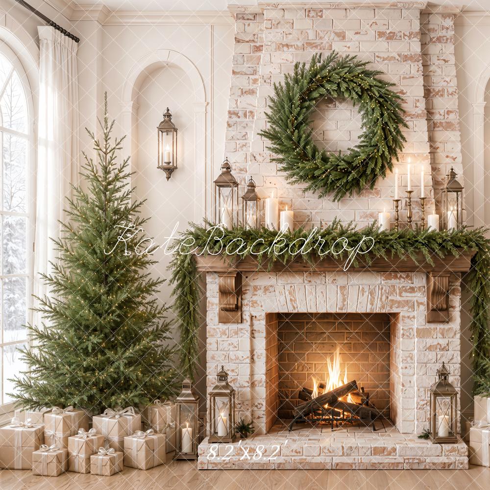 Kate Christmas Fireplace Wreath Evergreen Trees Gifts Printed Backdrop Designed by Emetselch