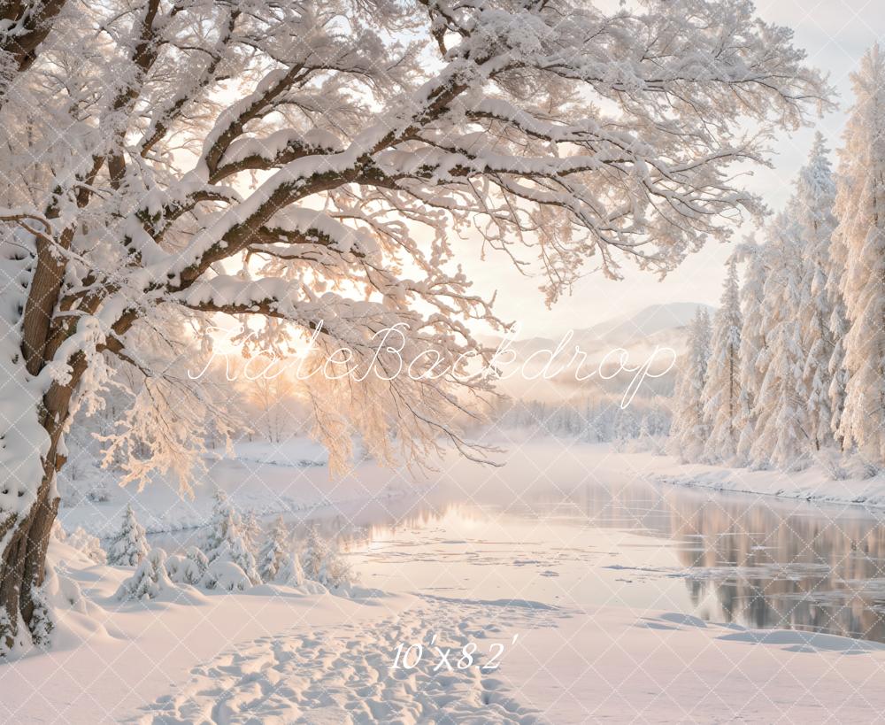 Kate Winter Snowy Forest Lake Sunrise Printed Backdrop Designed by Emetselch