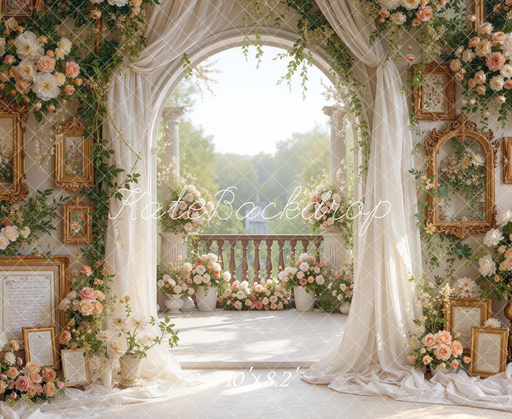 Kate Spring Elegant Drapes Flower Arch Ornate Terrace Printed Backdrop Designed by Mini MakeBelieve
